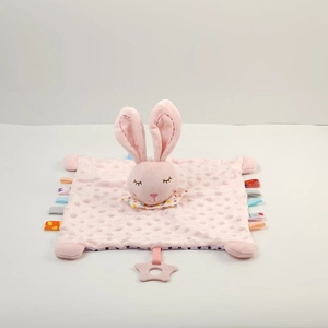 Pink rabbit baby security blanket in dotted plush fabric with a star teether and tags