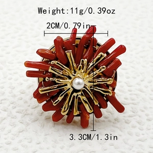 Red coral petal ring with gold plating and white pearl including dimension markers