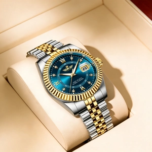 Detail view of the silver and gold luxury steel watch with blue dial and date window