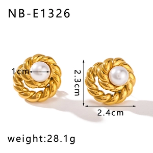 Detailed view of gold pearl earrings with dimensions showing 2.3cm diameter and woven texture