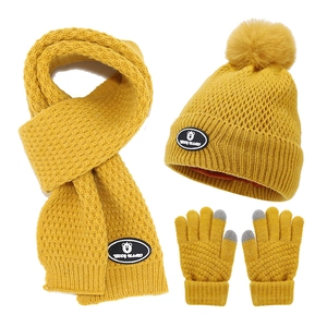 Winter yellow knit set with bear patch beanie, scarf and touchscreen gloves for kids