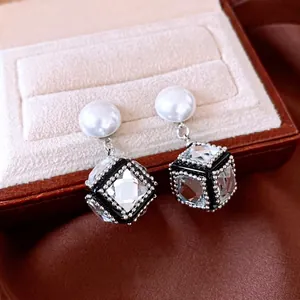 French vintage style silver post square pearl earrings with zircon cube drops