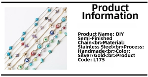 Detailed macro view of stainless steel evil eye and colorful crushed stone DIY chains