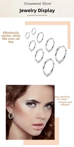 Detailed set of silver titanium steel hoop earrings in various sizes with model display