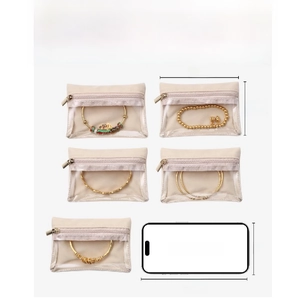 Set van 5 beige sieradenzakjes met transparant venster voor kettingen en horloges