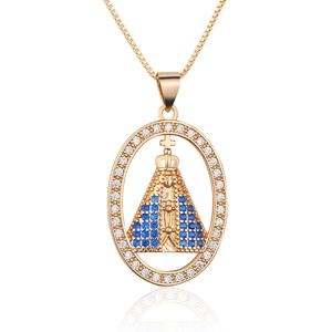Collier Madone plaqué or avec pendentif en zircon bleu et pierres blanches