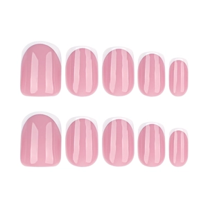 Classic French tip short square press-on nails with natural pink base and white edges