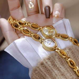 Women Quartz Watch Vintage Gold Tone Alloy Strap Inlaid Tiger Eye Stone Oval Dial Elegant Luxury Ethnic Style Lady Wristwatch