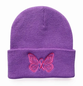Detail of purple knitted beanie with pink butterfly embroidery and ribbon design