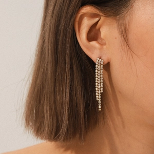 Luxurious 18K gold plated stainless steel long tassel earrings with sparkling zircons