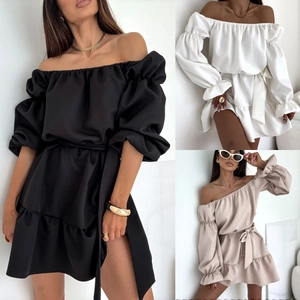 Robe Mini Épaules Dénudées Polyester Élégante Manches Lanternes Bouffantes Couleur Unie Avec Ceinture Ourlet À Volants Femme