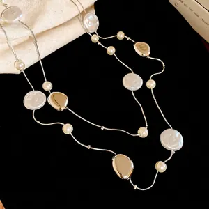 French vintage double-layered necklace with baroque pearls and silver crystals for women