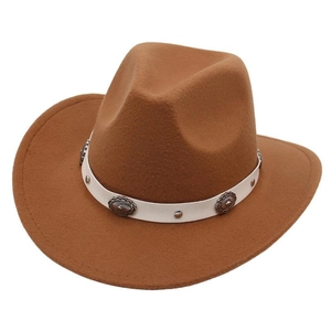 Brown wool western cowboy hat with white leather belt and silver metal conchos detail