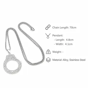 Detailed view of silver handcuff pendant with dimensions and stainless steel chain info