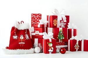 DIY Christmas gift set with red plush drawstring bag and festive cartoon character boxes