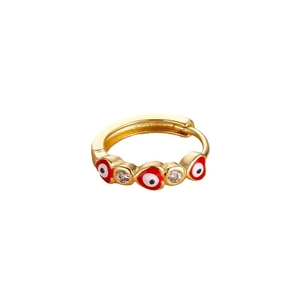 Bohemian gold hoop earring with red evil eye enamel and clear cubic zirconia stones