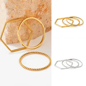 Stackable Stainless Steel Ring Hexagon Twisted Rope Smooth Band Minimalist Geometrical Jewelry Accessory For Women