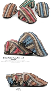 Detail view of vintage cotton flat caps showing paisley stripe patterns and side metal buckles
