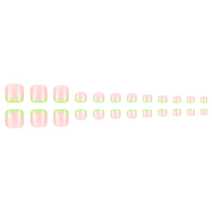 Neon yellow French tip press-on toenails in soft pink and vibrant green square shape