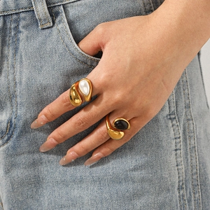 Water Drop Adjustable Open Ring 18K Gold Plated Stainless Steel Tiger Eye Stone Artificial Pearl Inlaid Retro Minimalist Jewelry Women