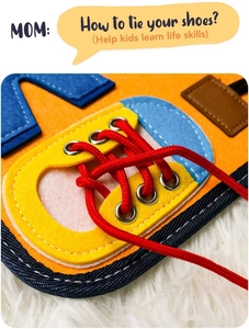 Close-up of Montessori busy board accessory for kids to learn tying shoelaces