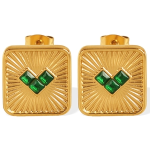 Square gold titanium steel earrings with a green gemstone heart-shaped design