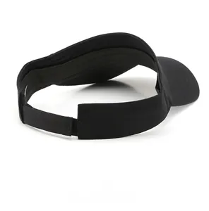 Detail view of black sun visor with adjustable hook-and-loop closure on cotton twill fabric