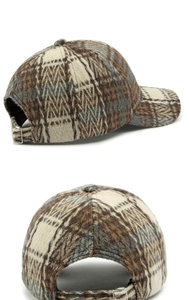 Detail of retro plaid baseball cap featuring thick wool texture and metal back buckle