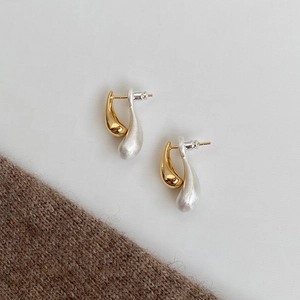 Two-tone water drop earrings in polished gold and matte silver stainless steel finish