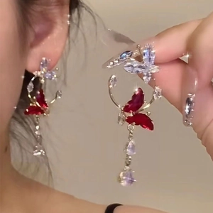 Elegant red butterfly tassel earrings with purple butterfly top and hanging crystals
