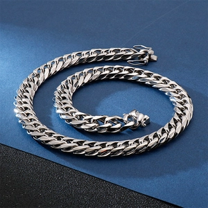 Classic silver stainless steel Cuban link necklace with heavy metal chain and square clasp