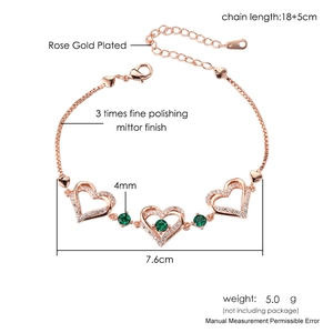 Detailed specs for heart bracelet with green zircon and 18+5cm rose gold plating