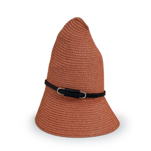 Detail of rust red woven straw hat featuring spiral texture and black belt buckle