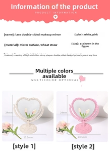 Detailed size and color specs for double-sided heart desktop makeup mirror in white and pink