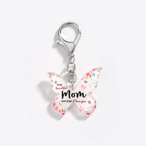 Detail of pink floral acrylic butterfly keychain with To my beautiful Mom engraving