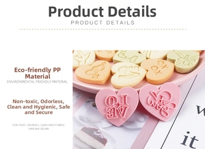 Detail of pink eco-friendly PP plastic heart cookie cutters with LOVE patterns