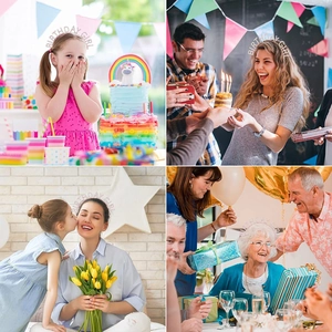 Multiple ages of women wearing the silver Birthday Girl crown headband at parties