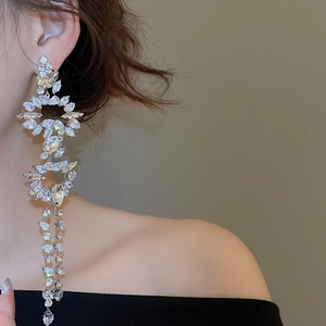 Detail of silver long fringe tassel earrings with shimmering crystals on model ear