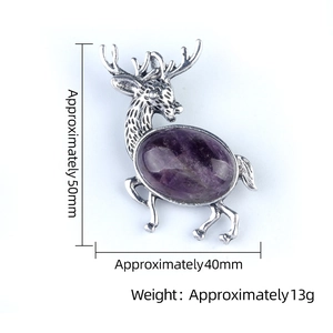 Silver elk brooch pendant with purple crystal gemstone measuring 50mm by 40mm