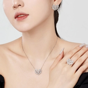 Close-up of sparkling heart jewelry set with necklace, earrings and ring on model