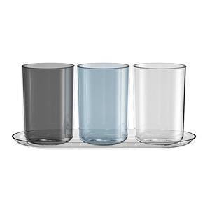 Three-piece minimalist mouthwash cup set in grey blue and clear glass with a matching tray