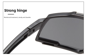 Detail shot of reinforced metal hinges on durable black outdoor cycling sunglasses