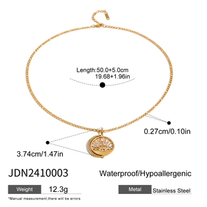 Detailed technical drawing of a gold stainless steel necklace with size specifications
