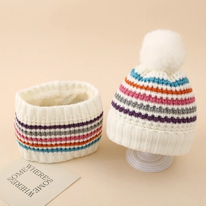 Kids Winter Knitted Hat And Neck Warmer Acrylic Wool Rainbow Striped Plush Lined Pom Pom Outdoor Thermal Girls Boys