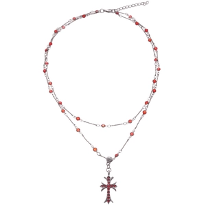 Vintage layered silver necklace with red gemstone double chains and gothic cross pendant