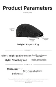 Detailed sizing chart for black denim flat cap showing 56-61cm adjustable head size