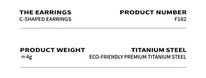 Specifications for C-shaped earrings made of titanium steel with weight and model details
