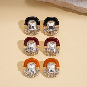 Retro rectangle earrings in black, wine red, and orange with crystals and gold finish