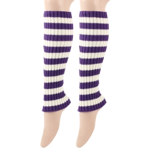 Detail of purple and white striped knit leg warmers with ribbed texture for winter fashion