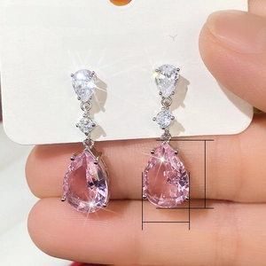 Pink pear cut zircon drop earrings with silver plating for women, 14mm main stone